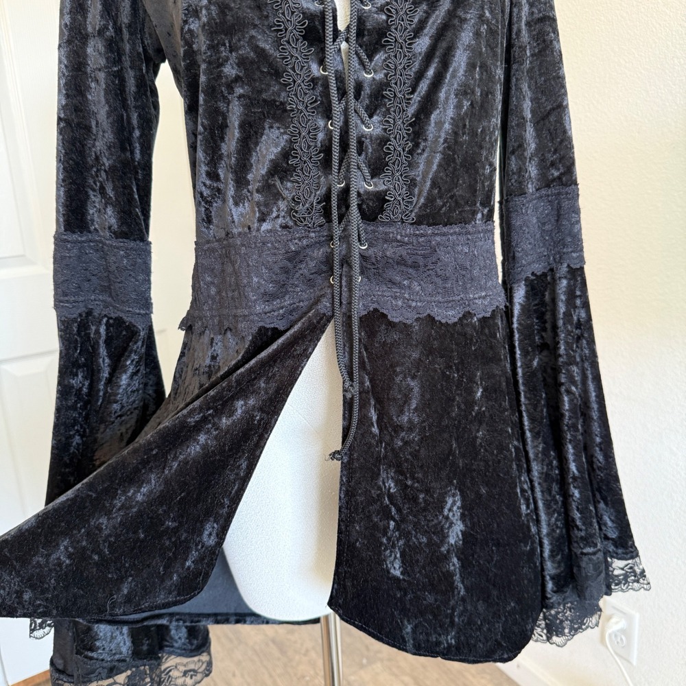 VTG Lip Service Black Crushed Velvet Lace Up Bell Sleeve Tunic Top M Dress  USA - Picture 8 of 12